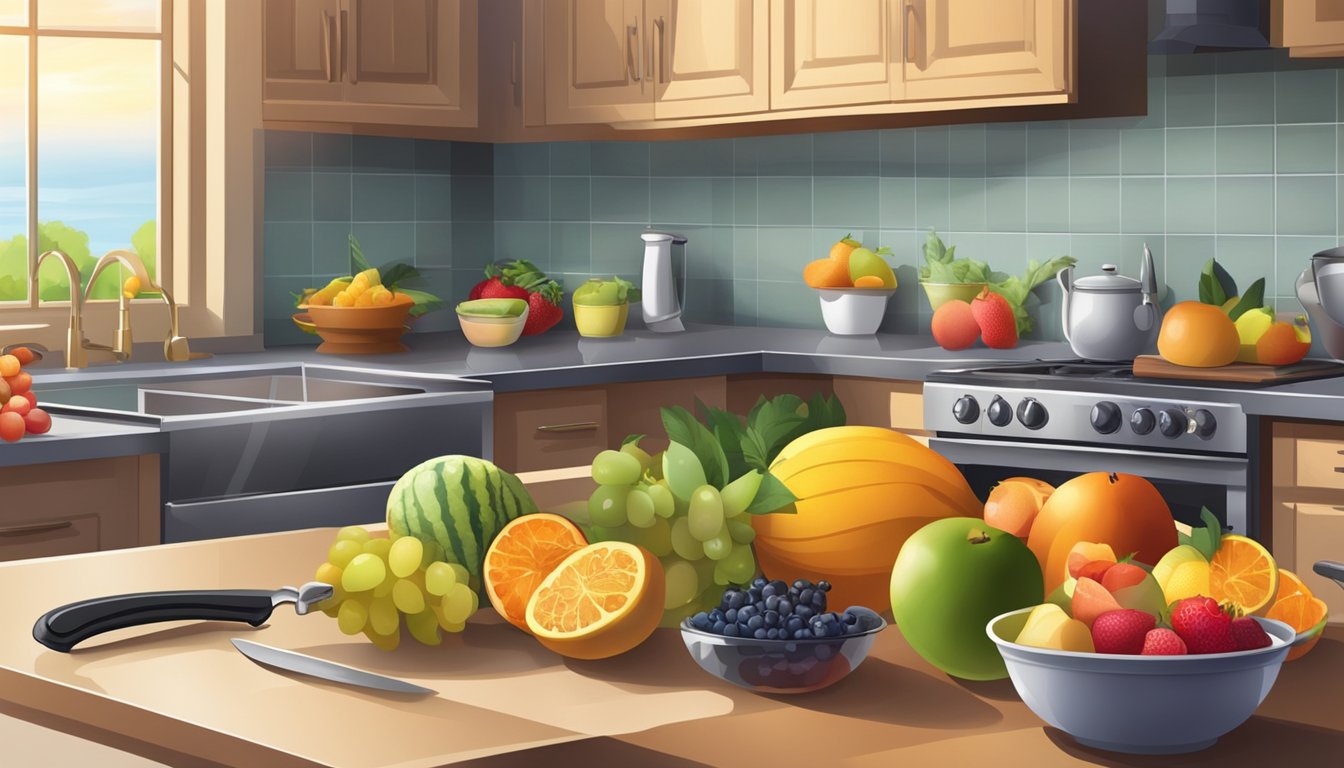 A kitchen counter with a variety of colorful fruits, a cutting board, and a knife. A pot on the stove with steam rising, and a bowl of fruit salad on the table