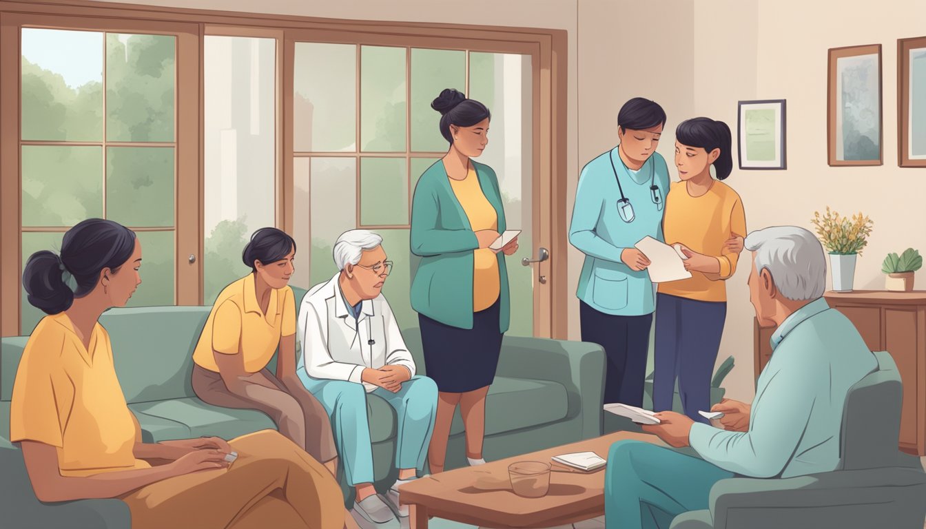 A person receiving a diagnosis of dementia while their family looks on with concern