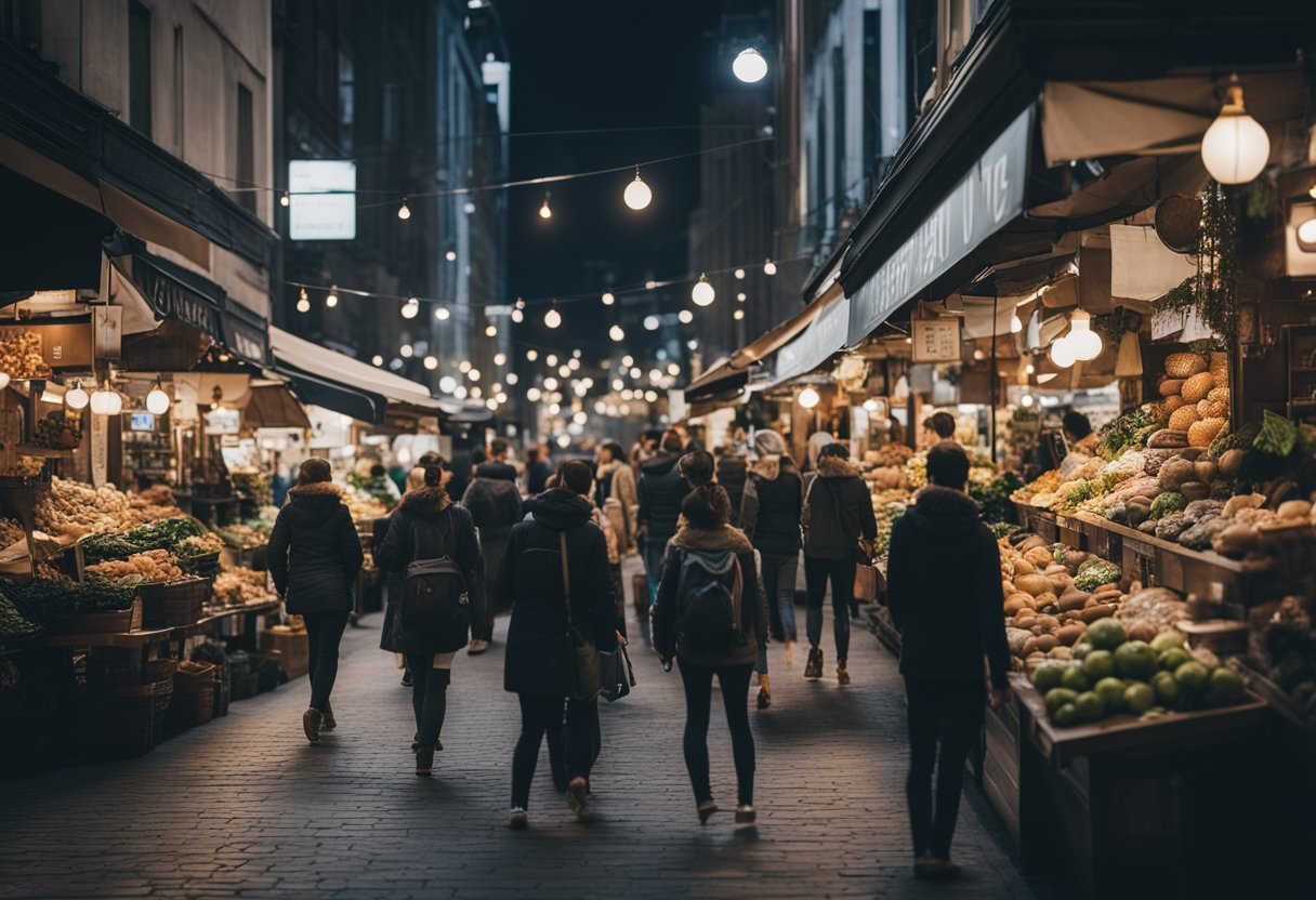 A bustling marketplace with various storefronts, each representing a different Shopify alternative. Customers and vendors engage in lively discussions