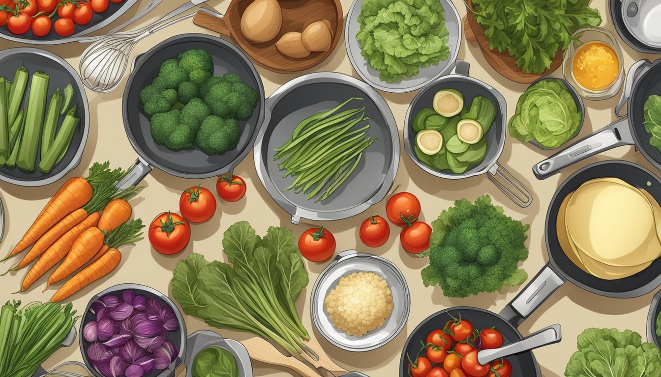 A kitchen counter with a variety of fresh and prepared vegetables, pots and pans, and cooking utensils laid out for use