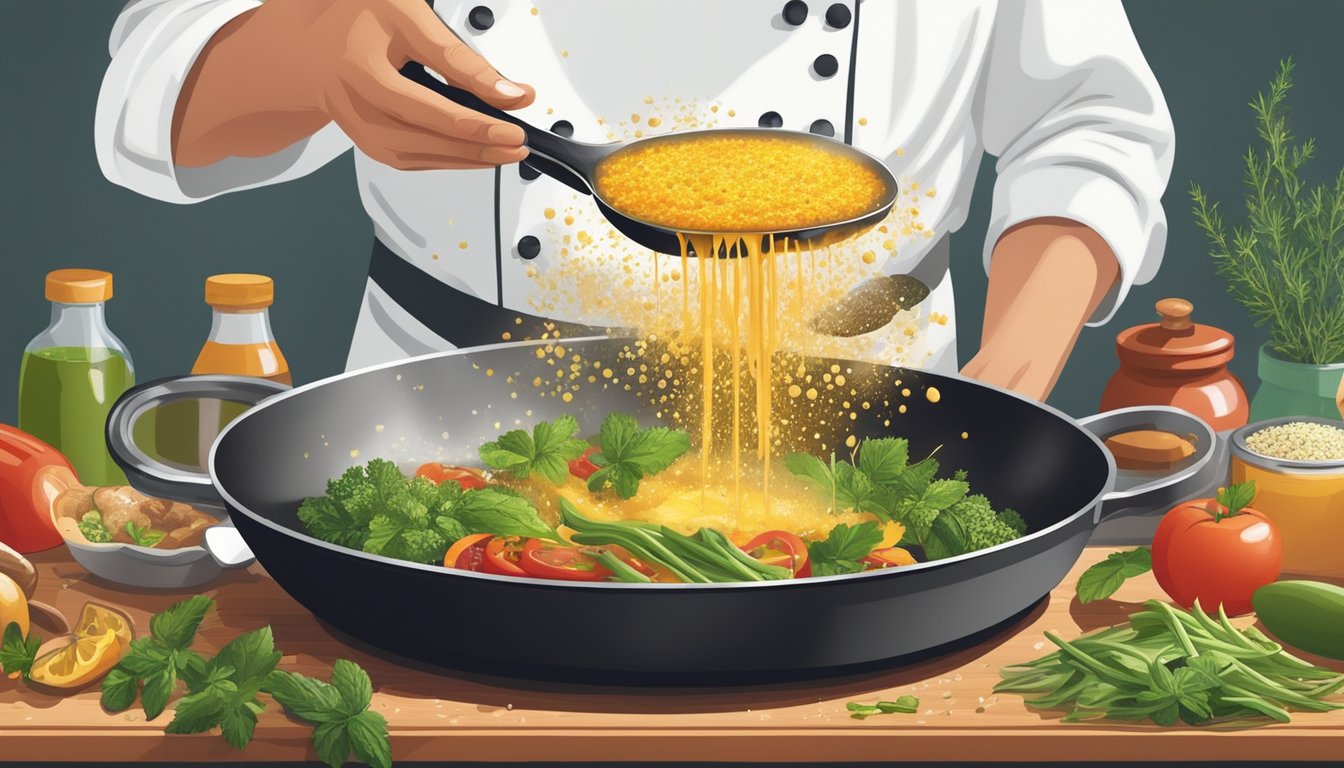 A chef's hand sprinkling herbs and drizzling condiments over a sizzling pan of food, with no fresh produce in sight