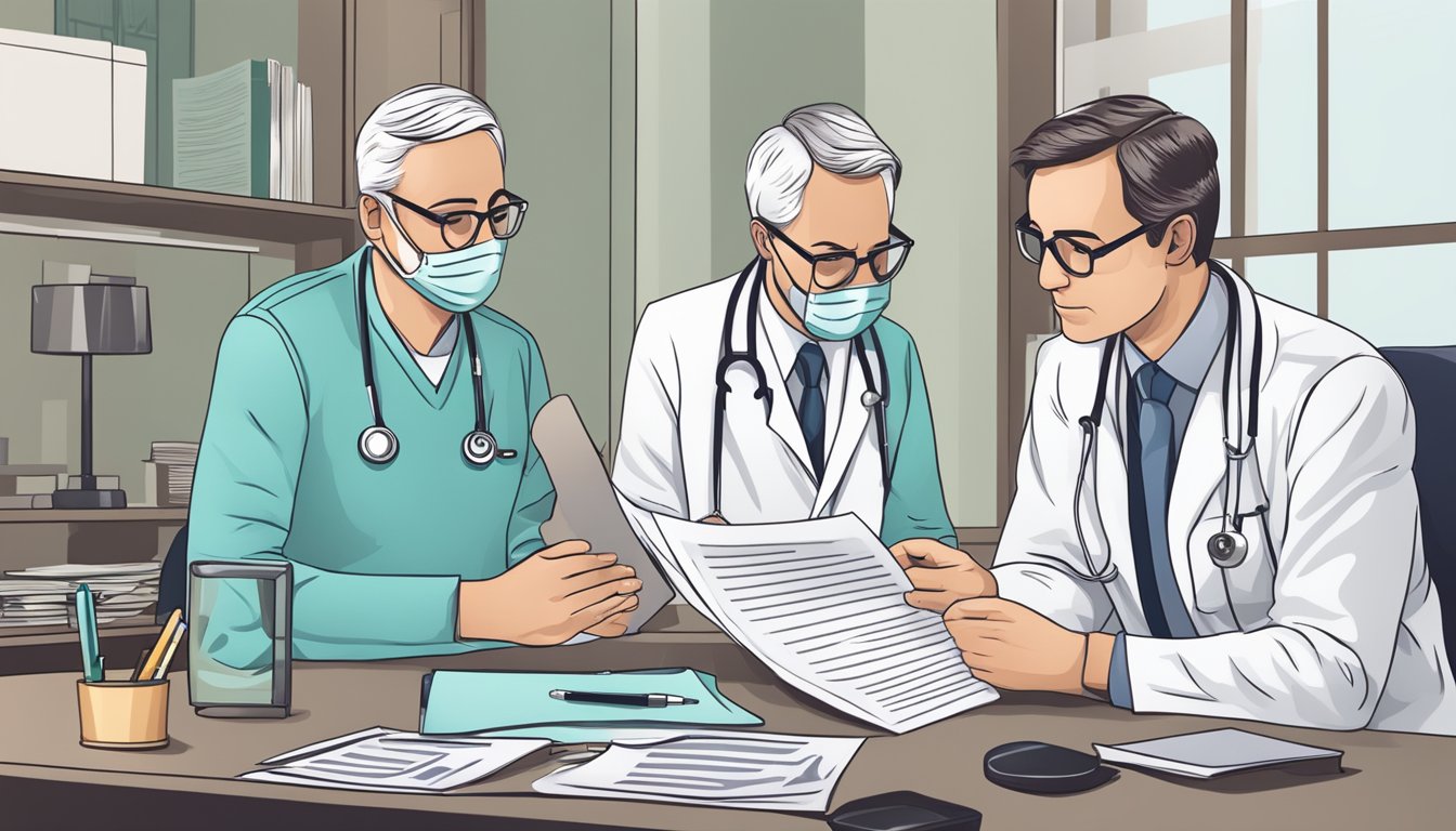 A person reviewing financial documents with a doctor, discussing critical illness cover for kidney disease