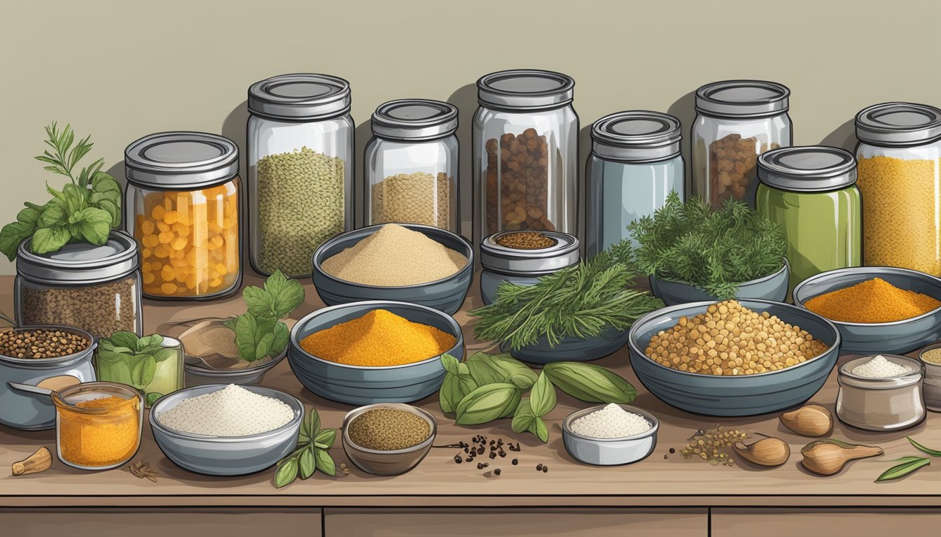 A kitchen counter with canned goods, dried herbs, and a variety of spices laid out for cooking without fresh produce