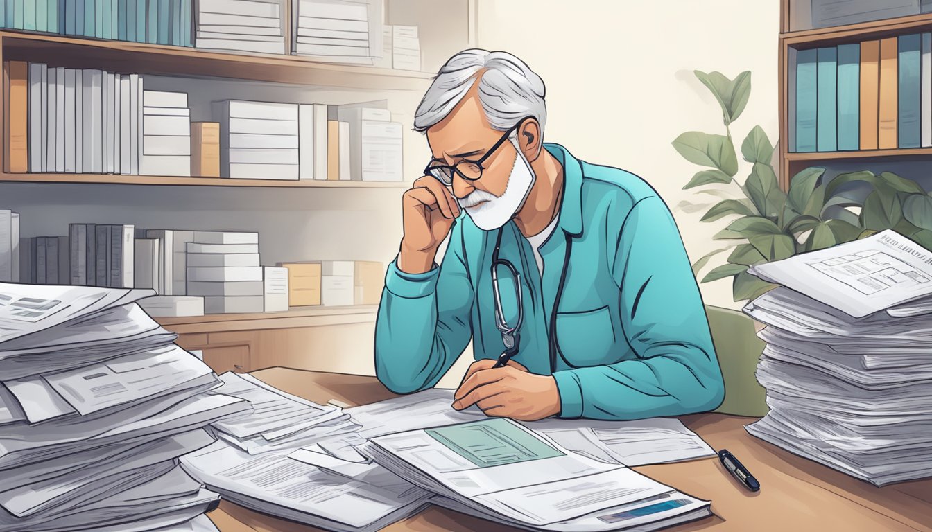 A person researching critical illness cover for dementia, surrounded by medical documents and insurance policy options