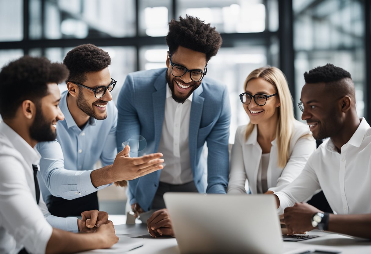 A group of diverse business professionals discussing and comparing different Shopify Plus agencies, with charts and graphs displayed on a large screen