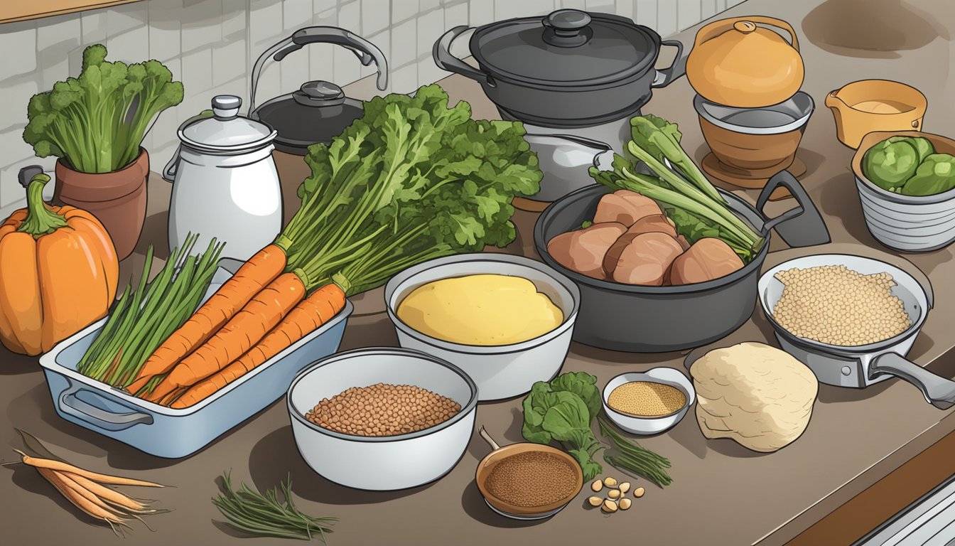 A variety of leftover ingredients sit on a kitchen counter, including vegetables, meats, and grains. A pot and skillet are nearby, ready to be used for cooking