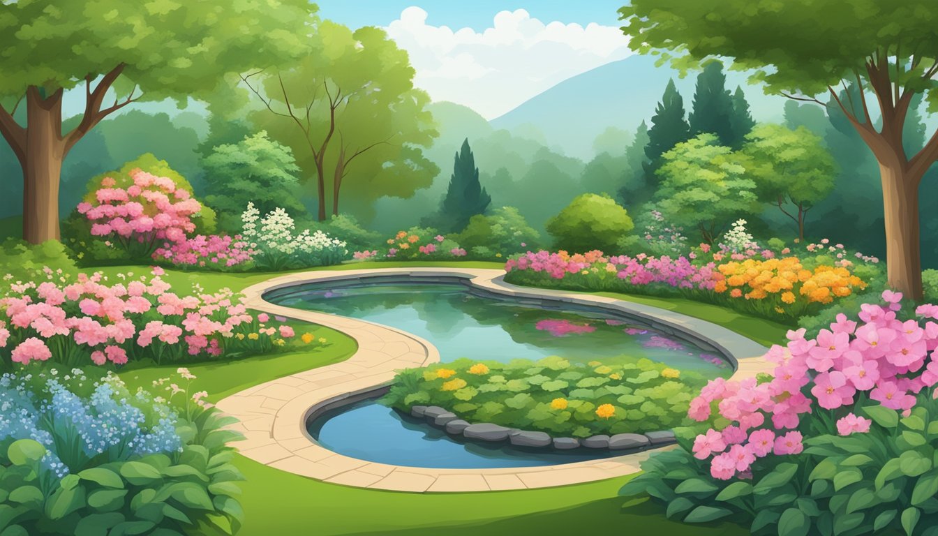 A peaceful garden with a winding path, blooming flowers, and a serene pond surrounded by lush greenery