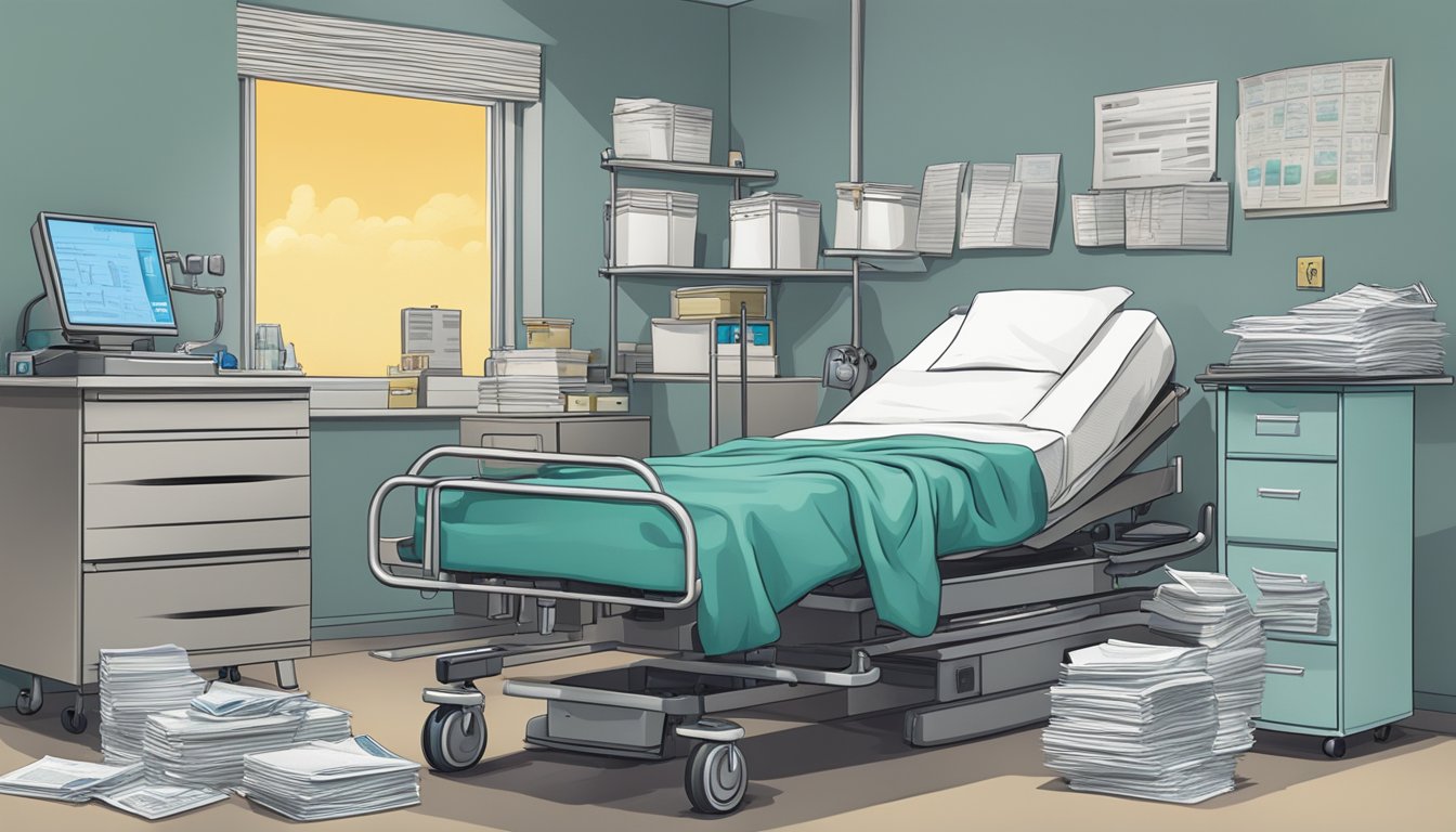 A dark cloud looming over a hospital bed, surrounded by medical equipment and a stack of unpaid bills