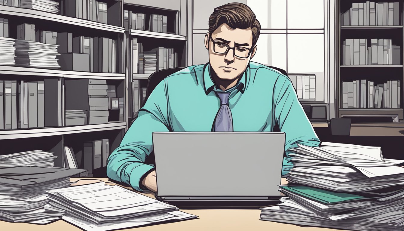 A figure sitting at a desk surrounded by paperwork and a laptop, with a concerned expression on their face