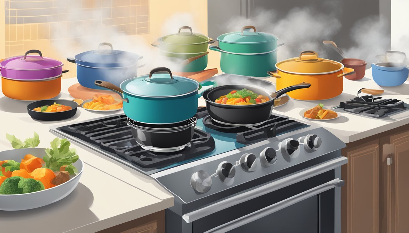 A stovetop with a variety of pots and pans filled with colorful leftovers, steaming in the heat as a fan blows in the background