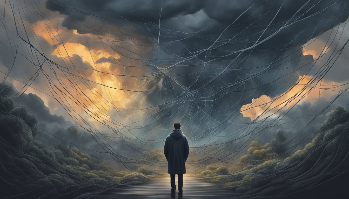 A dark storm cloud hovering over a figure with a heavy heart, surrounded by a web of tangled emotions