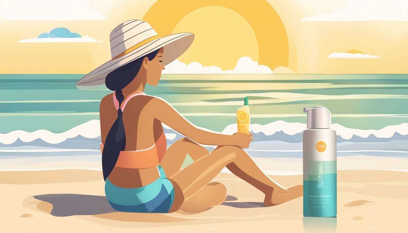 A sunny beach with a person applying sunscreen to their exposed skin. A bottle of sunscreen and a hat are nearby