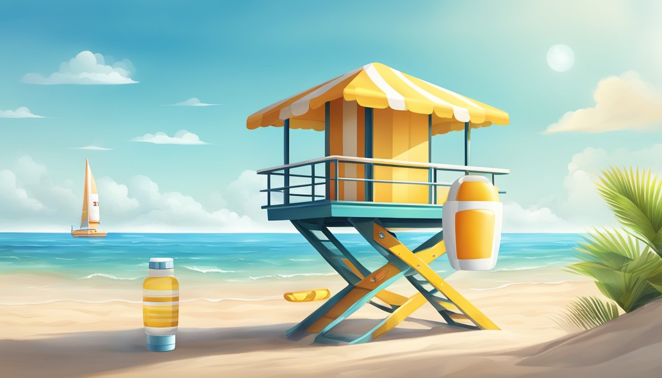 A bright, sunny beach with a lifeguard tower and a sunscreen bottle