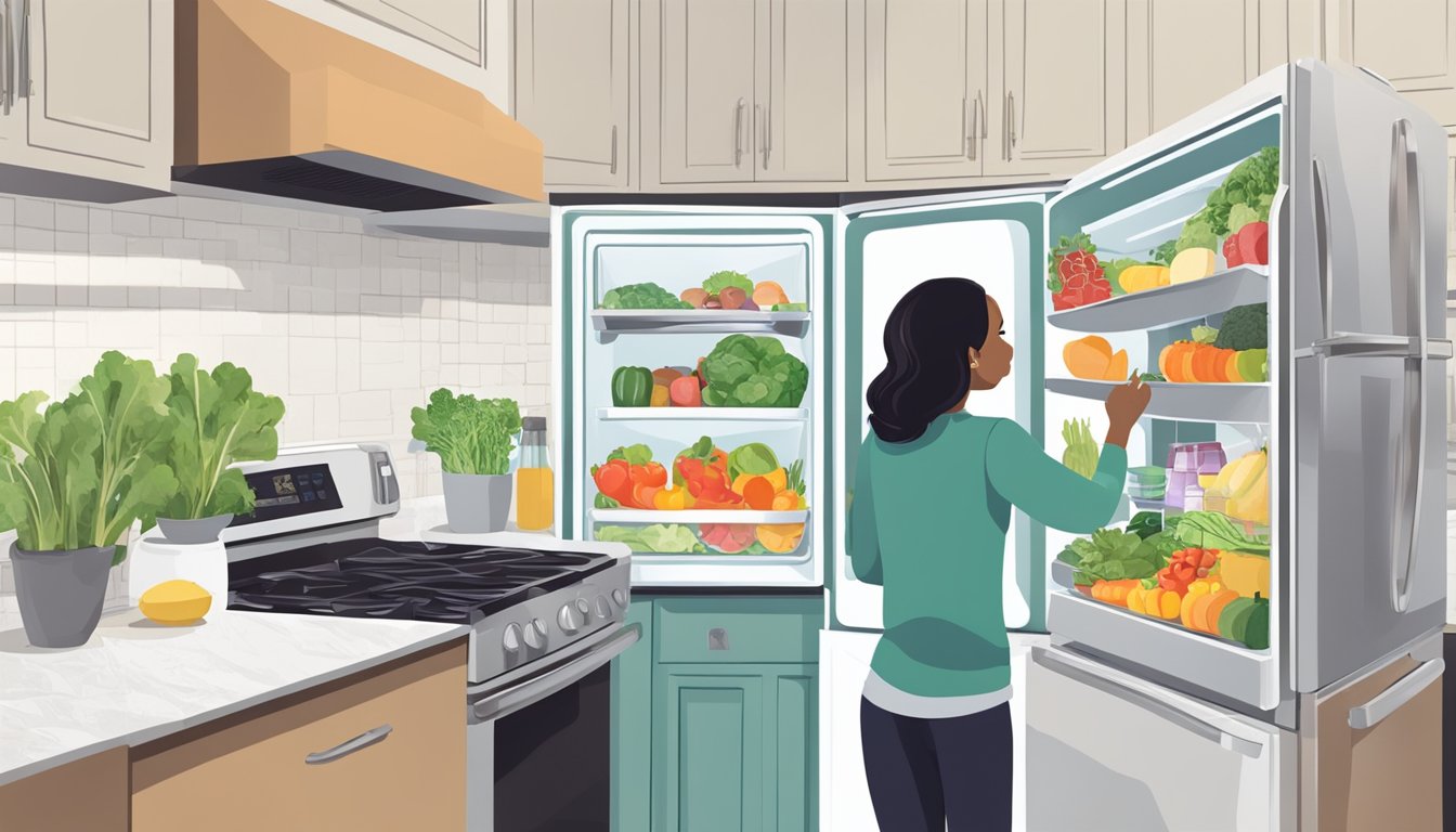 A person standing in front of an open refrigerator, reaching for fresh produce and ingredients. A fan is blowing on the countertop to keep the kitchen cool