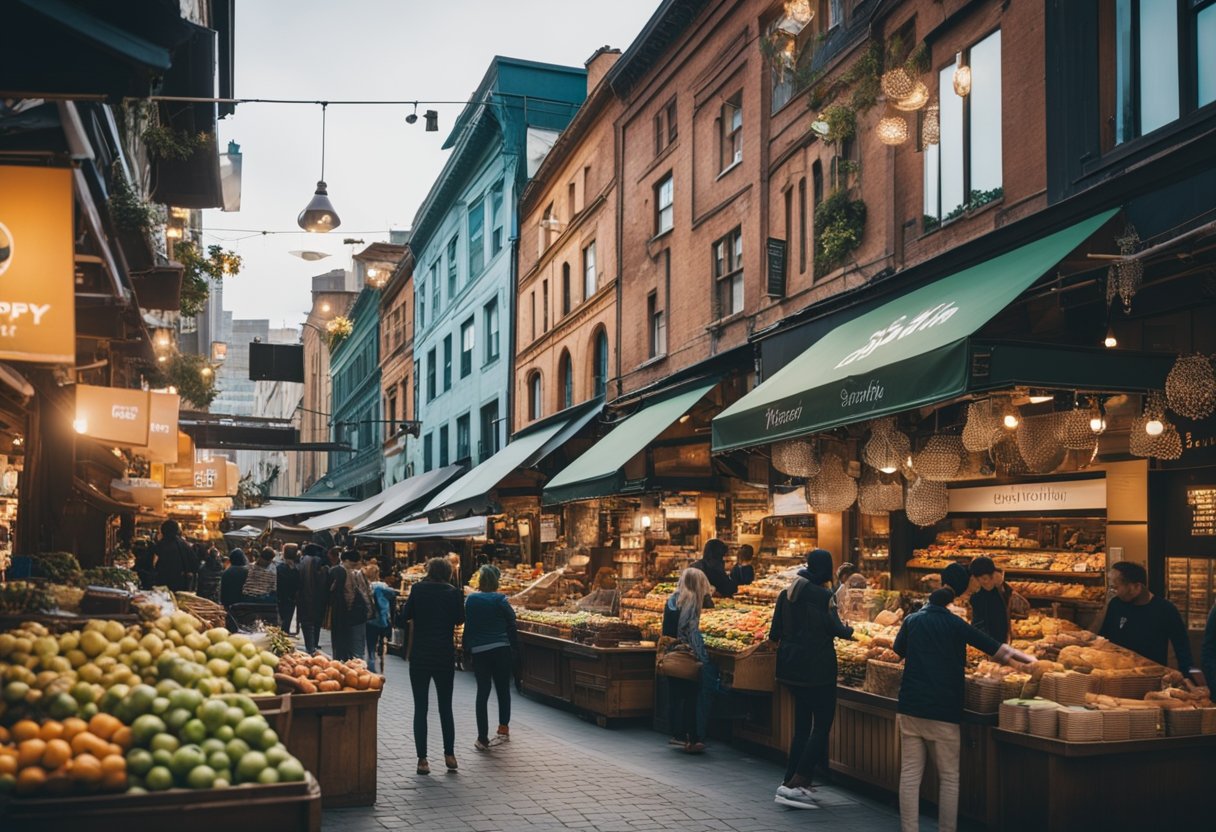 A bustling marketplace with Shopify and its competitors displayed as storefronts, each vying for attention with vibrant colors and bold signage