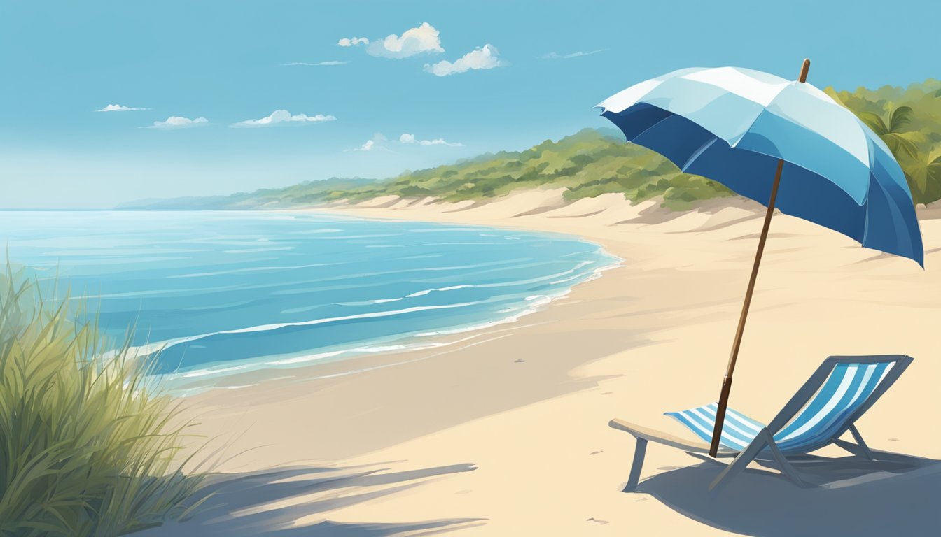 A serene beach scene with a clear blue sky, a calm ocean, and a lone umbrella casting a shadow on the sand