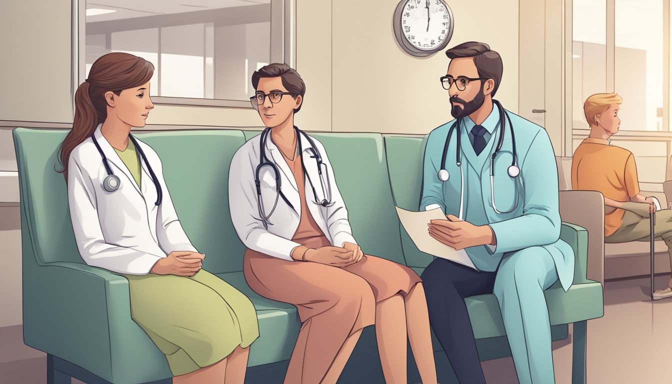 A doctor explaining critical illness insurance to a worried family in a hospital waiting room