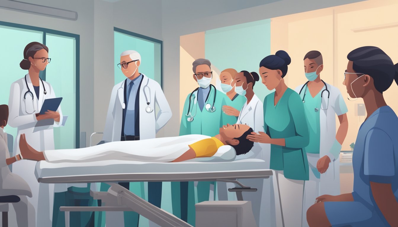 A person receiving a critical illness diagnosis while surrounded by medical professionals and family members