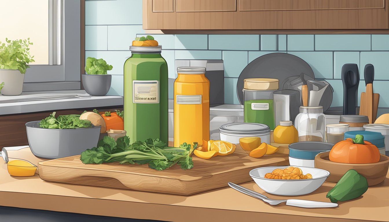 A kitchen counter with assorted leftover containers, a cutting board, and cooking utensils