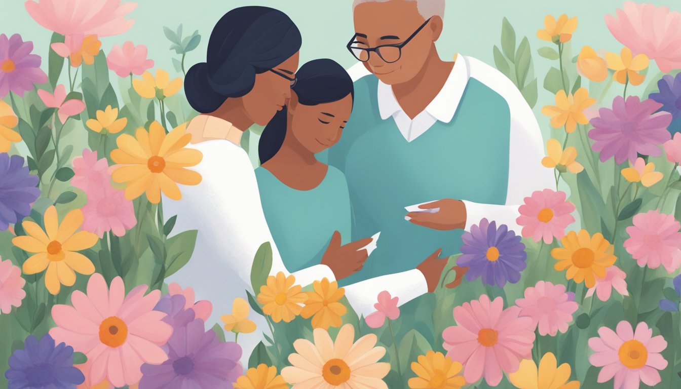 A person receiving support from loved ones after a melanoma diagnosis. Flowers, cards, and a comforting presence surround them