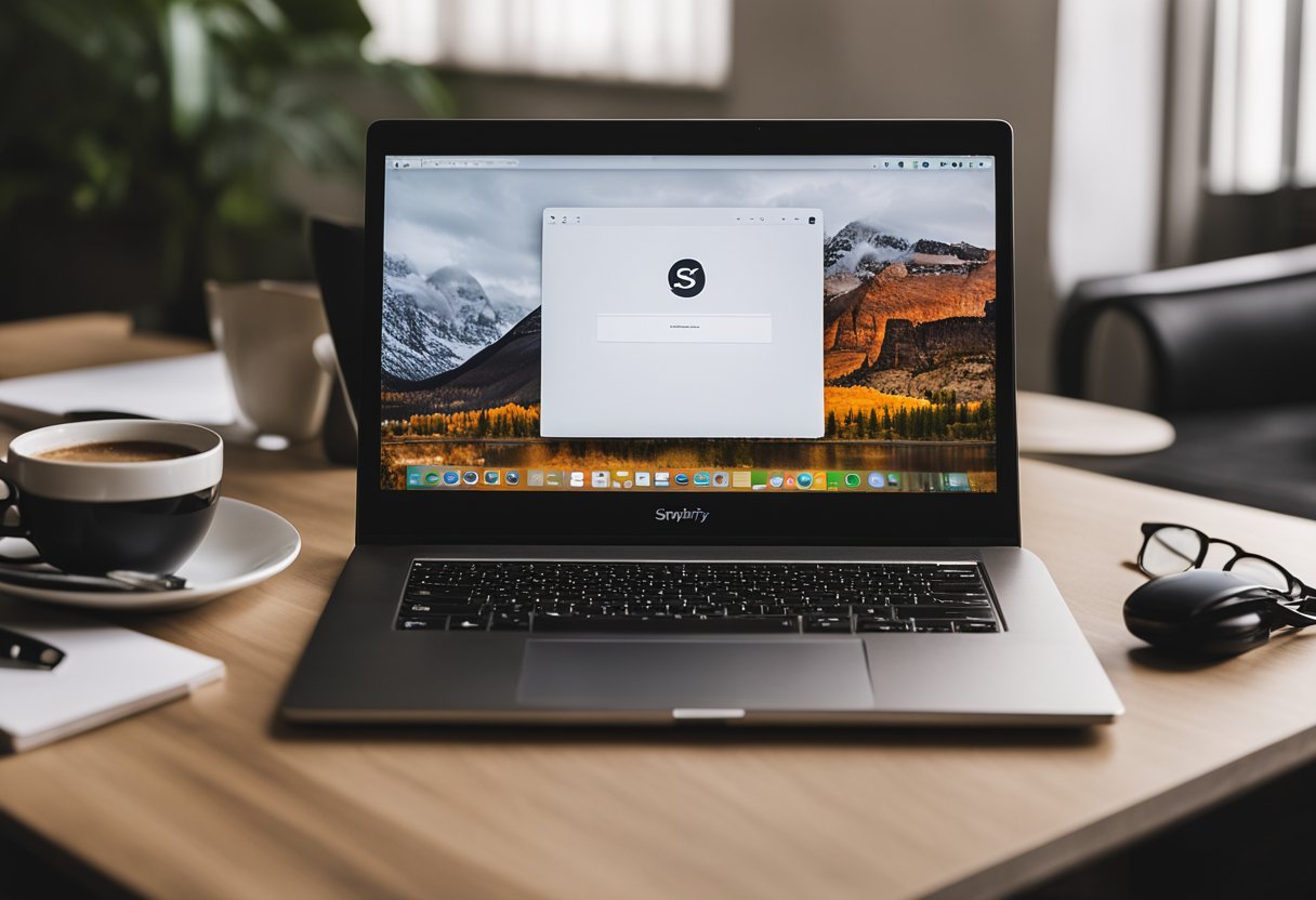 A laptop on a clean desk with a Shopify logo displayed on the screen, surrounded by a notebook, pen, and a cup of coffee