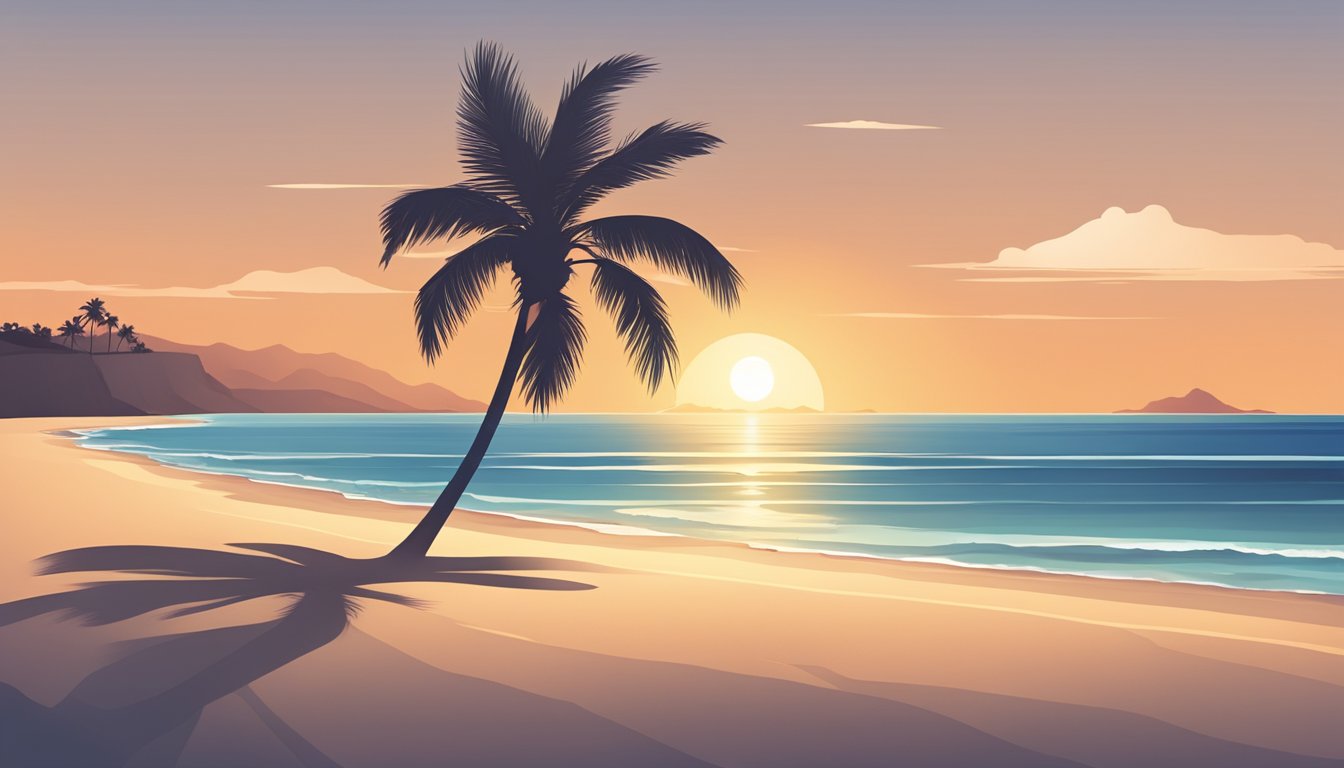 A serene beach at sunset, with a lone palm tree casting a long shadow on the sand, while the calm ocean waves gently roll onto the shore