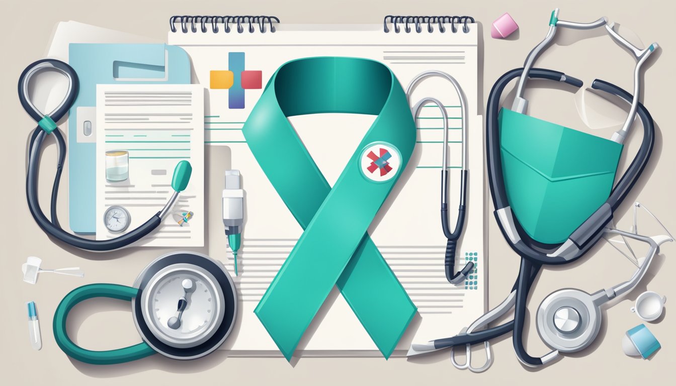 A medical symbol with a ribbon representing thyroid cancer, surrounded by various medical equipment and a document labeled "Critical Illness Insurance."