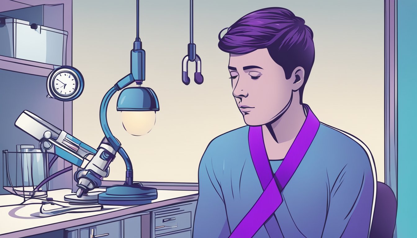 A blue and purple ribbon representing thyroid cancer, surrounded by medical equipment and a silhouette of a person with a concerned expression