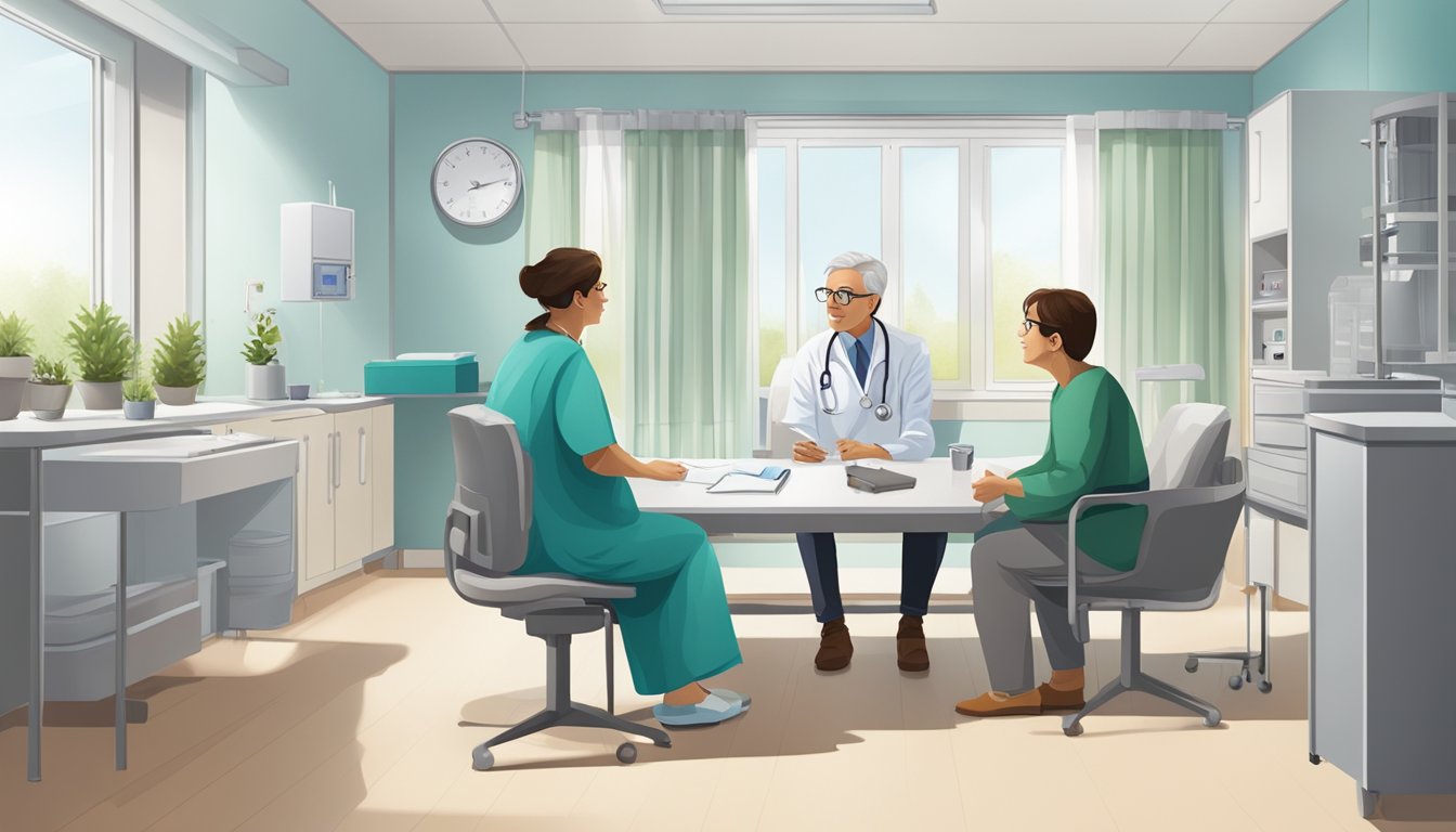 A doctor discussing critical illness cover for bowel cancer with a patient's family in a hospital consultation room