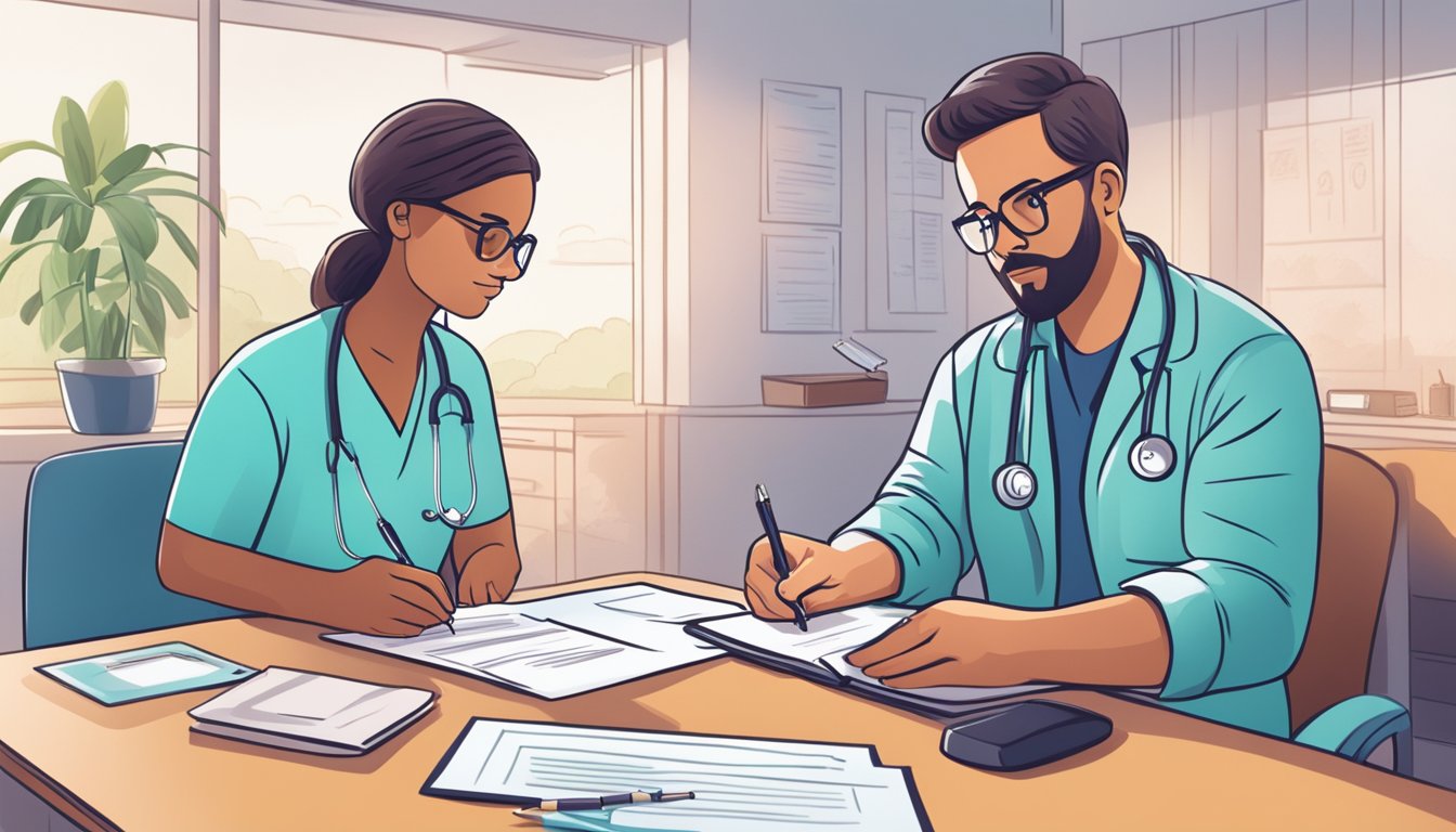 A person signing financial paperwork with a doctor, while a thyroid cancer awareness ribbon hangs in the background