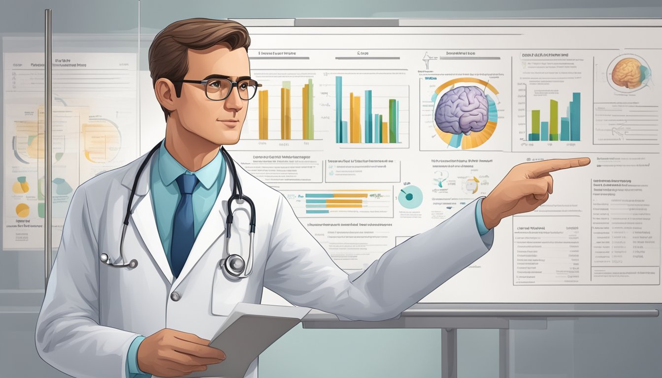 A doctor in a white coat pointing to a medical chart showing the critical illness cover for a brain tumor