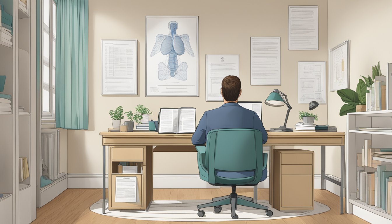 A serene figure sits at a desk, reviewing a policy document. A diagram of the thyroid gland is prominently displayed on the wall