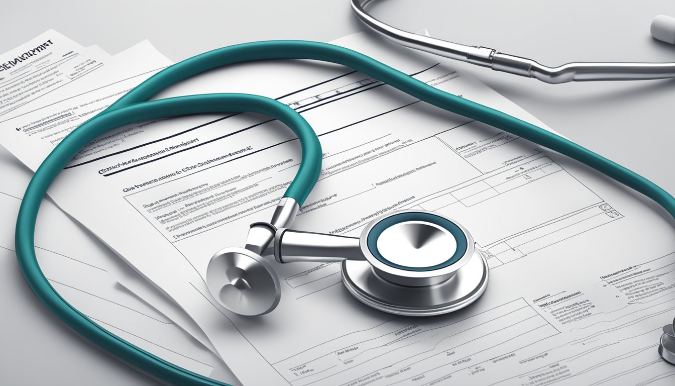 A stethoscope and a medical report on a desk, with a highlighted section on bowel cancer coverage