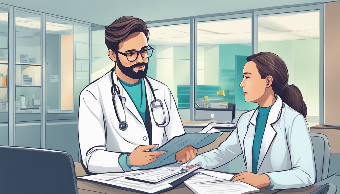 A doctor discussing critical illness cover for thyroid cancer with a patient in a hospital office