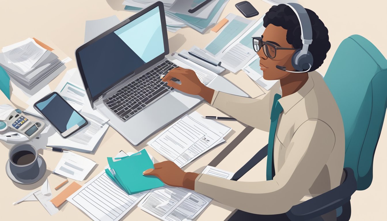 A person sitting at a desk with paperwork, a phone, and a computer, surrounded by medical documents and insurance forms