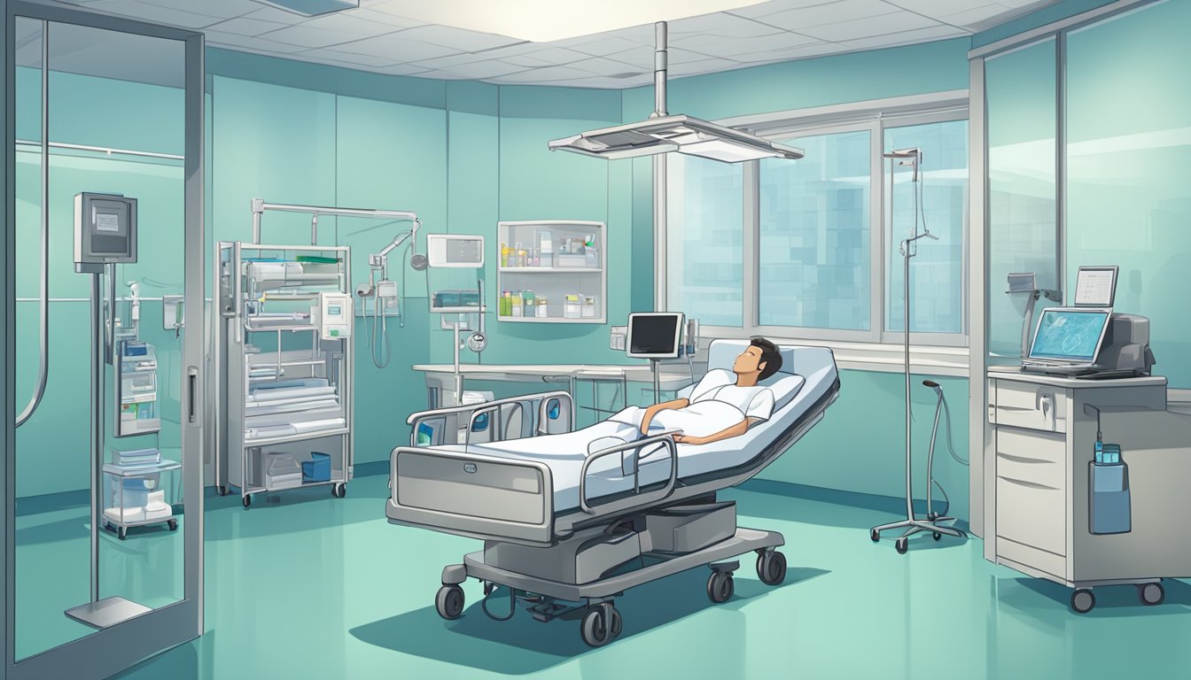 A hospital room with a bed, medical equipment, and a doctor discussing critical illness insurance with a patient