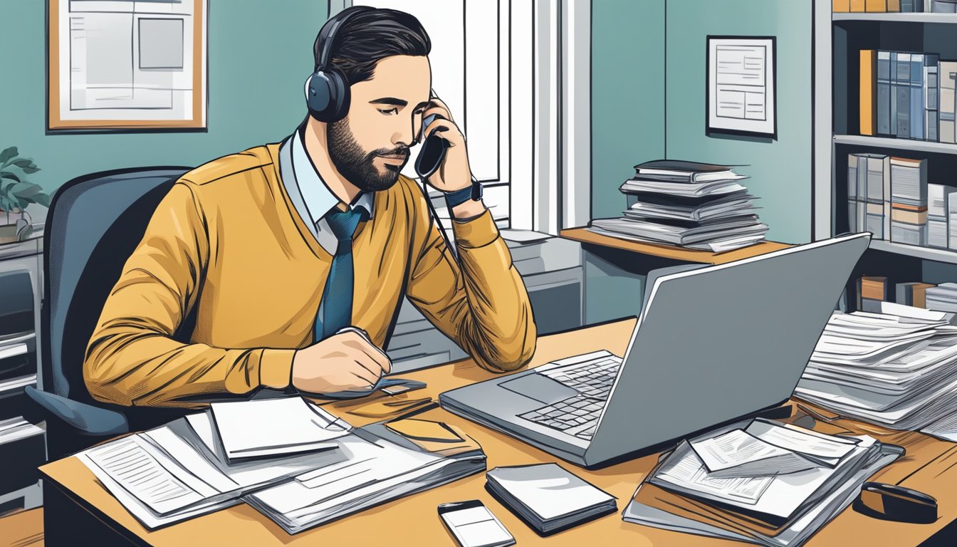 A person sitting at a desk, surrounded by paperwork and a computer, speaking on the phone with an insurance representative