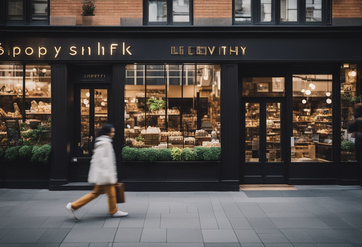 A bustling marketplace with various storefronts showcasing Shopify sites, each displaying unique marketing techniques and tools to drive sales