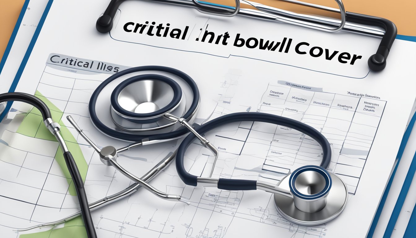 A stethoscope resting on a medical chart with a bold title "Critical Illness Cover" and an illustration of a healthy bowel