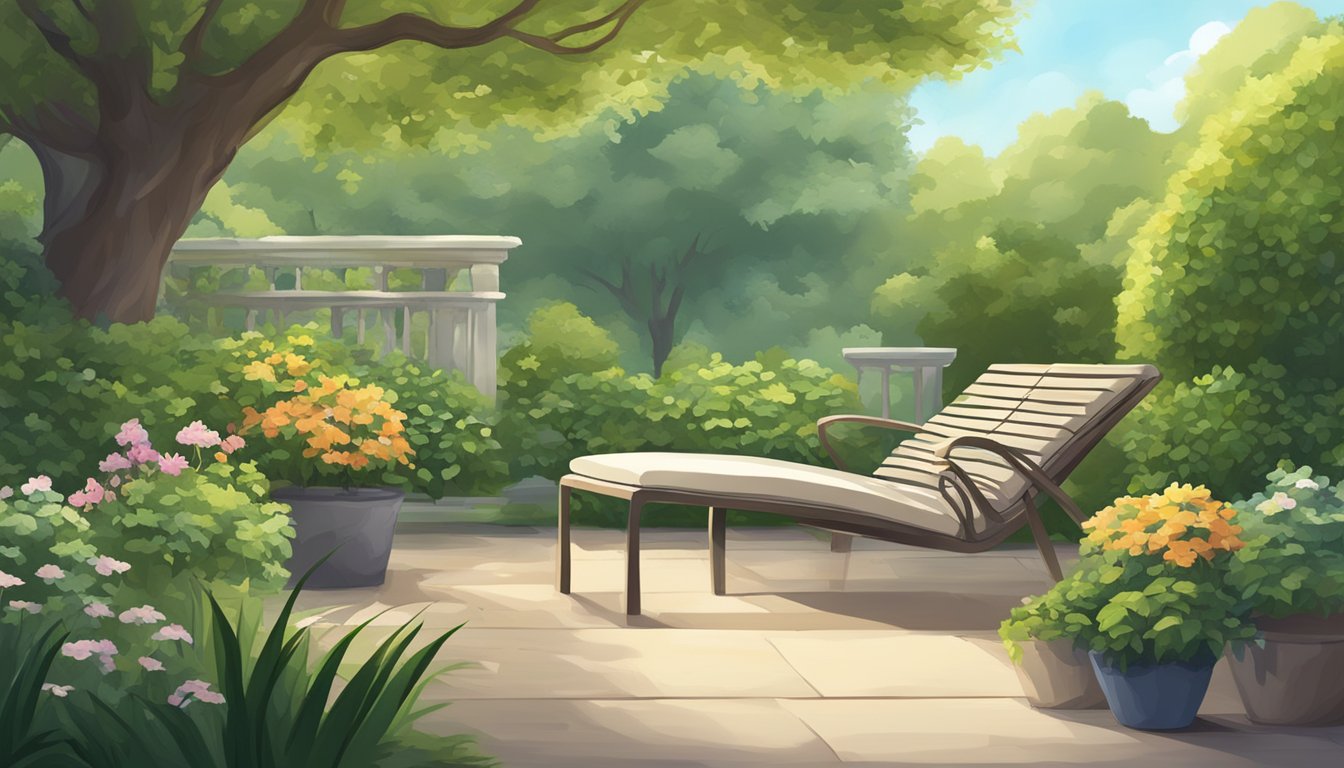 A serene, leafy garden with a comfortable chair and a soothing atmosphere