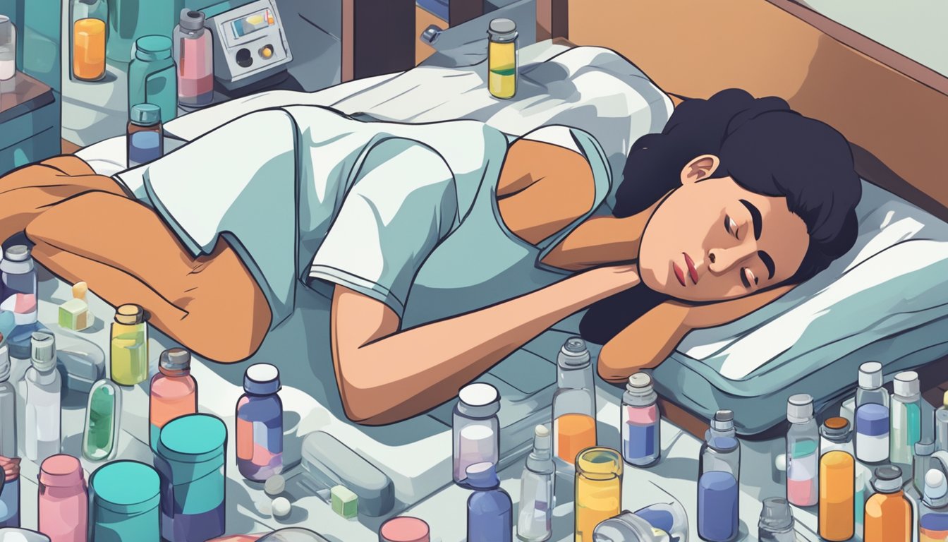 A person lying in bed, surrounded by medication bottles and medical equipment, with a pained expression on their face