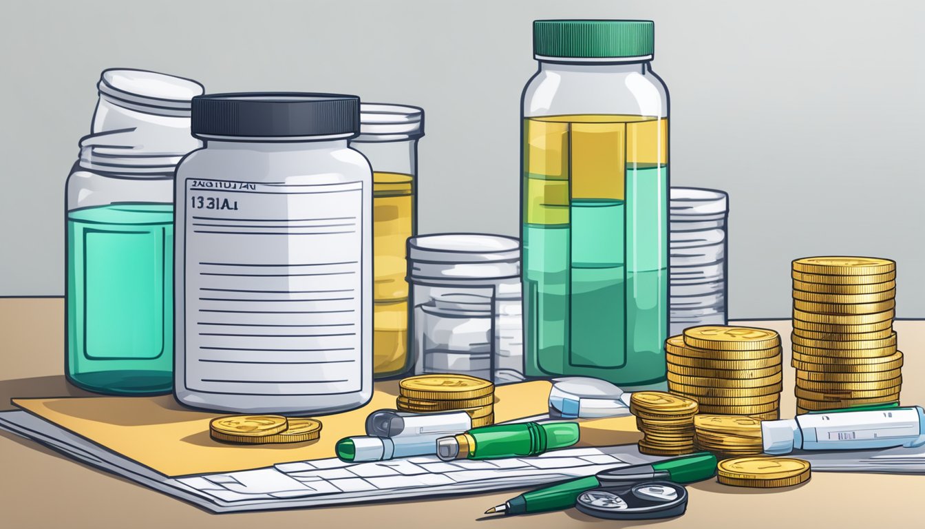 A stack of medical bills and prescription bottles next to a jar of coins and a calculator