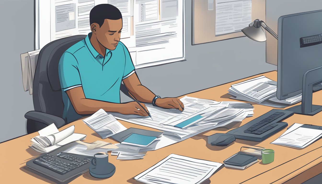 A person sitting at a desk, reviewing paperwork related to critical illness cover for arthritis. The desk is cluttered with insurance documents and a computer screen displays relevant information