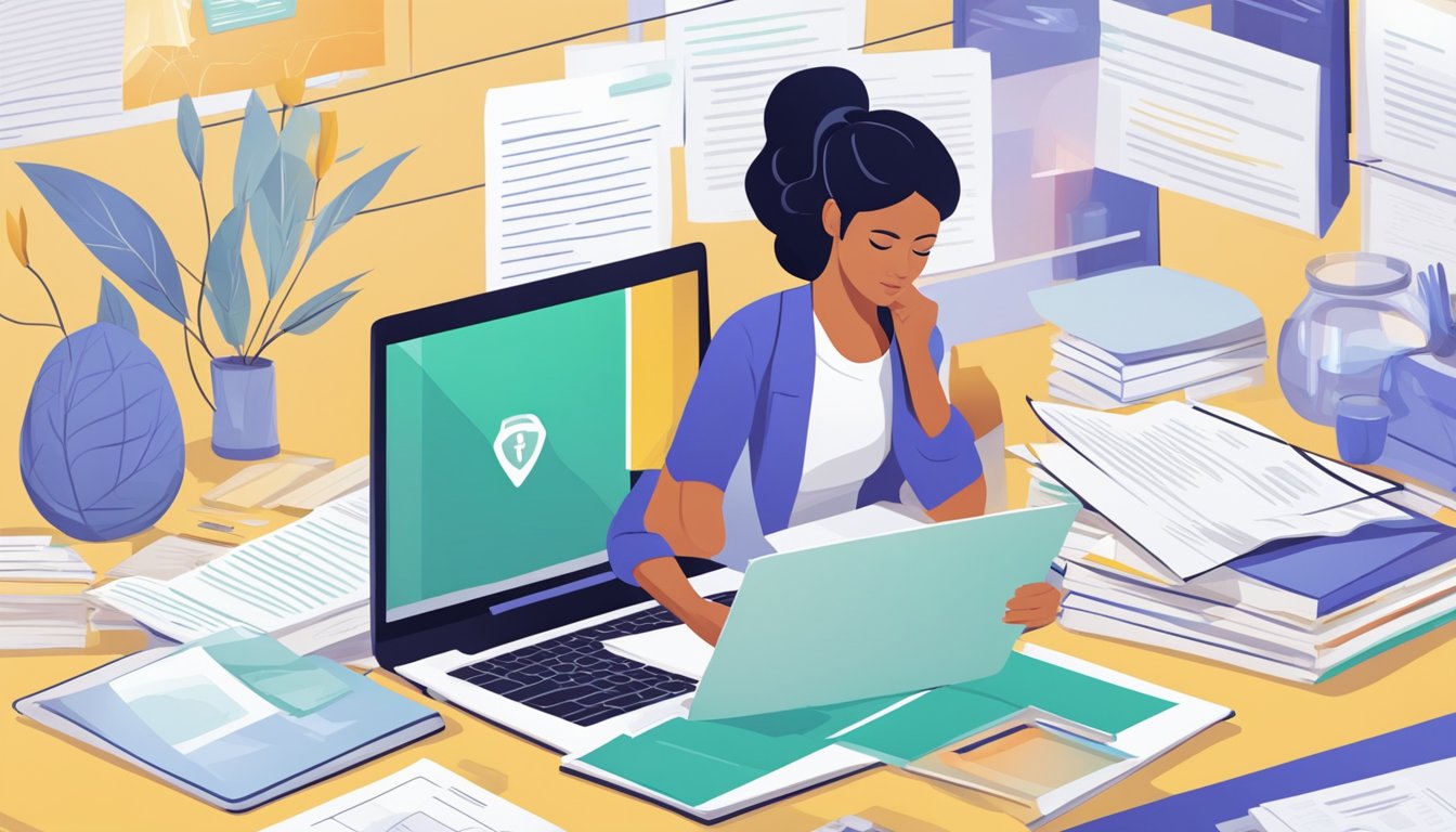 A woman researching critical illness cover for endometriosis, surrounded by medical documents and a laptop