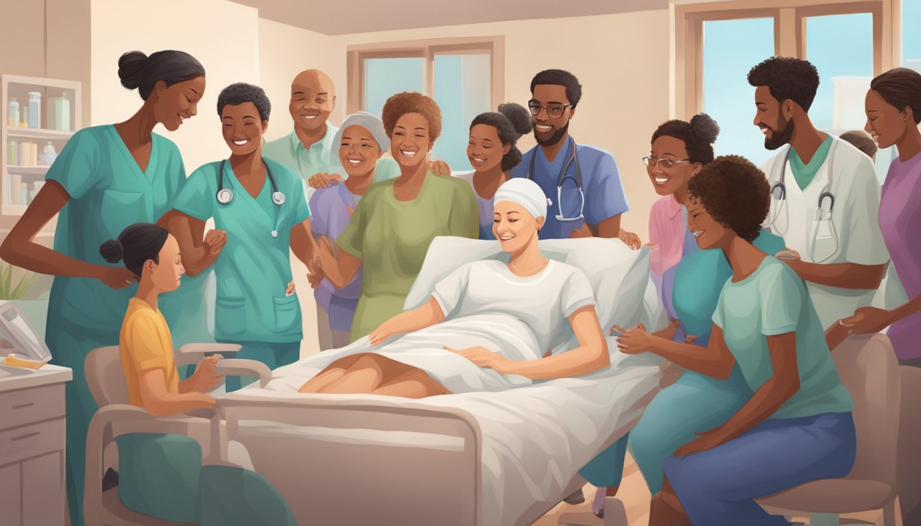 A woman receiving chemotherapy treatment for ovarian cancer, surrounded by supportive family and friends