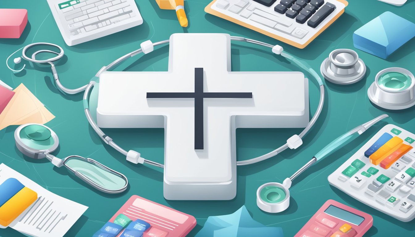 A medical cross surrounded by various insurance policy options