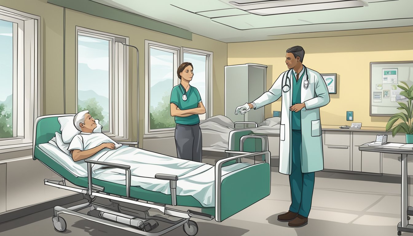 A hospital room with a doctor explaining critical illness insurance to a patient with a broken bone