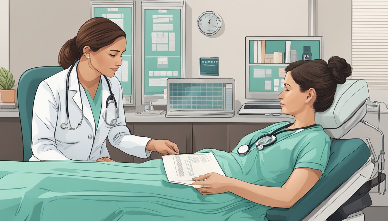 A woman receiving a diagnosis of ovarian cancer from a doctor in a hospital setting