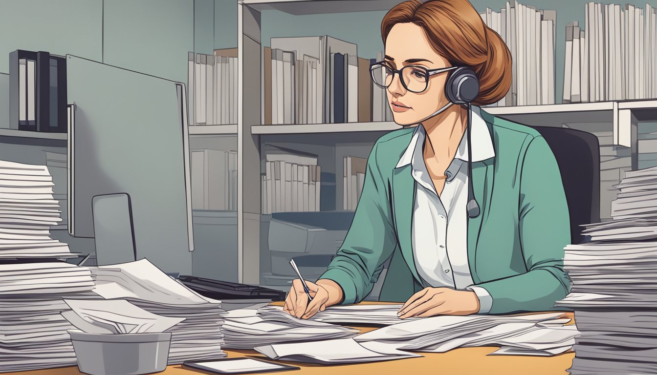 A woman sitting at a desk, surrounded by paperwork and medical reports, with a concerned expression on her face