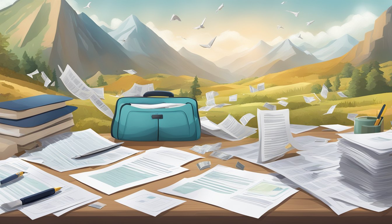 A landscape with various insurance policy documents scattered across a table, with a focus on critical illness cover and a visual representation of broken bones